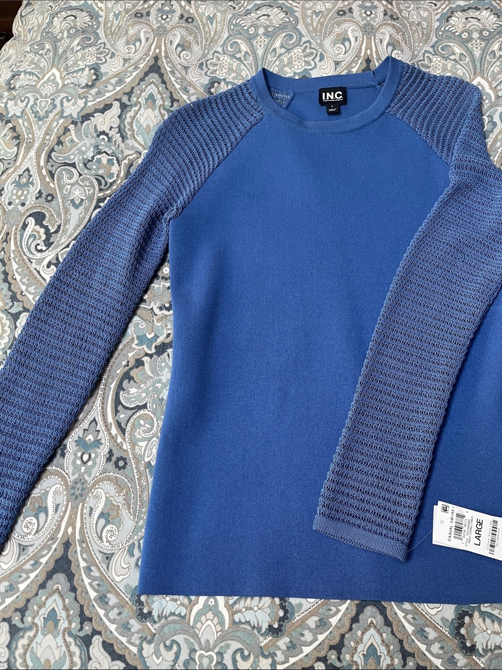 INC International Concepts Blue Crewneck Sweater with Textured Sleeves
